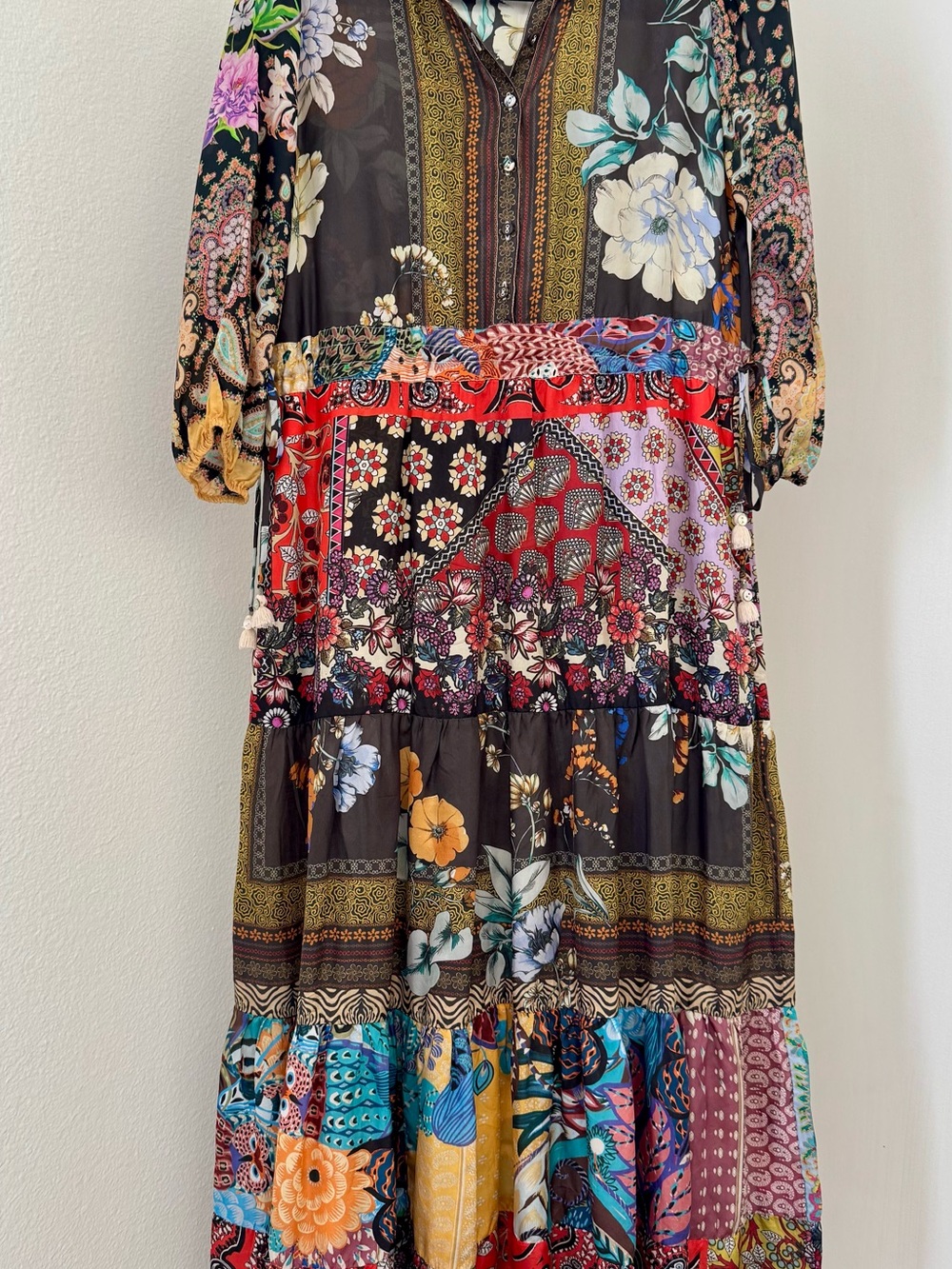 Johnny Was + Slip 100% Silk Brown Multi Floral Patchwork Tiered Maxi Dress XS